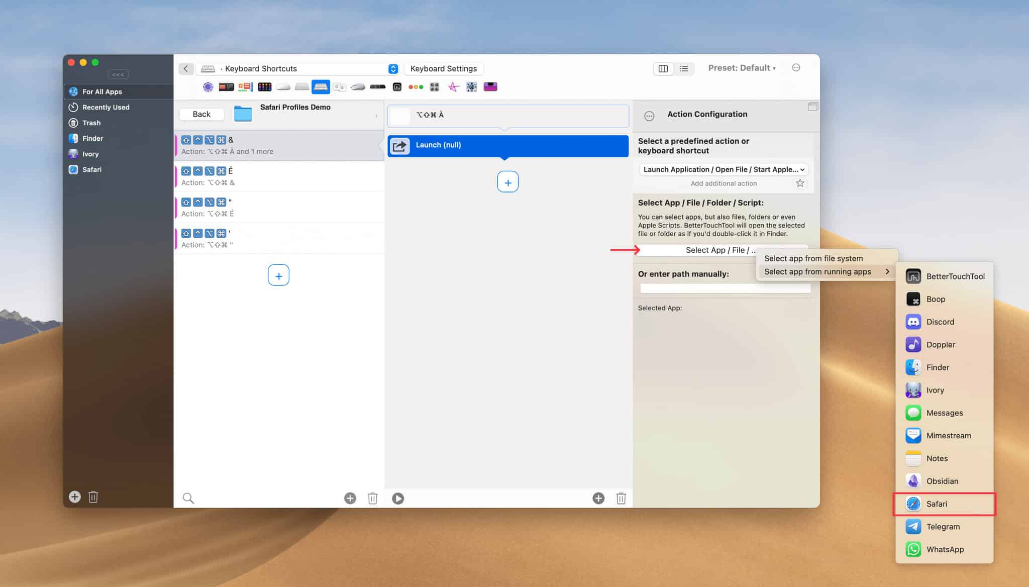 …then pick Safari, either from your running apps or from the Applications folder. Make sure to move this ‘Launch Safari.app’ action above the keyboard shortcut action to ensure Safari is active when the keyboard shortcut is triggered.