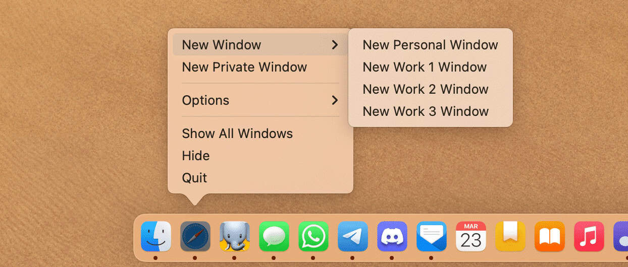 Another way to open a specific profile is to right-click the Safari icon in the Dock, then click through the 'New Window' submenu.
