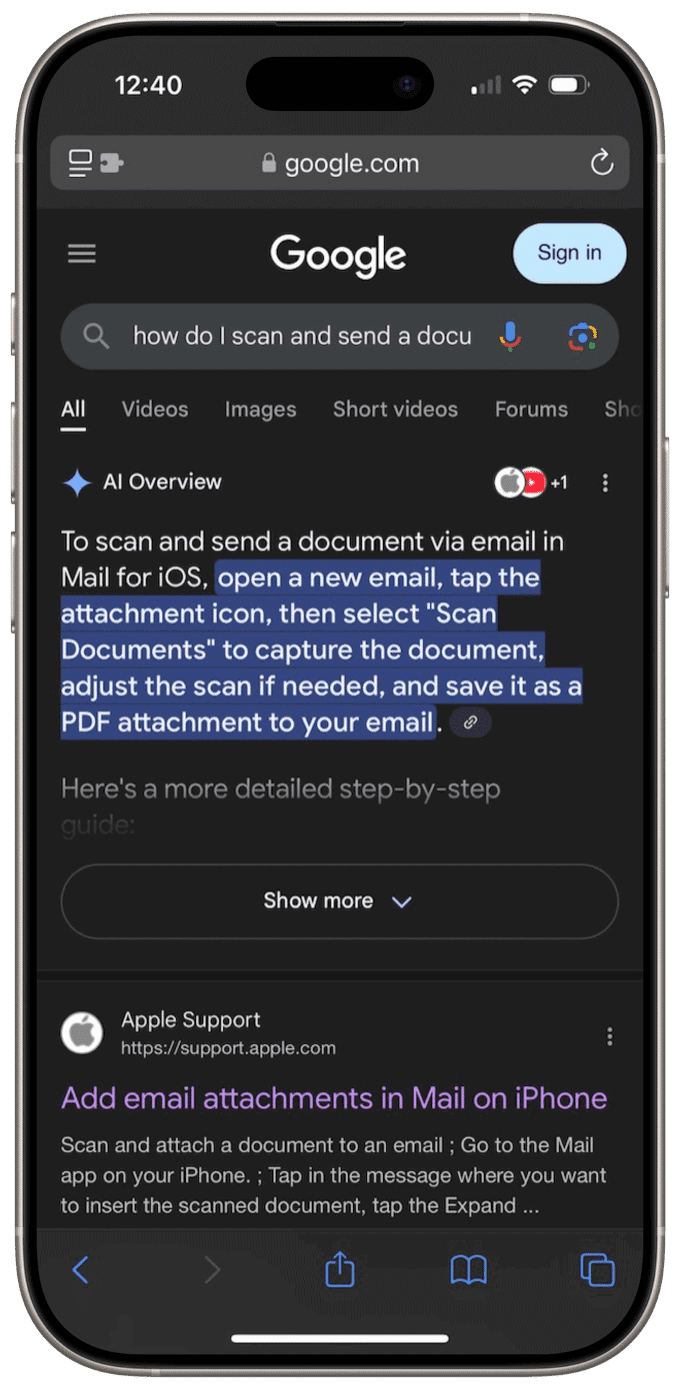 A screenshot showing the Google search results for scanning and sending a document with Mail. There's a box with the AI summary from Gemini, and then the relevant Apple Support document right underneath.