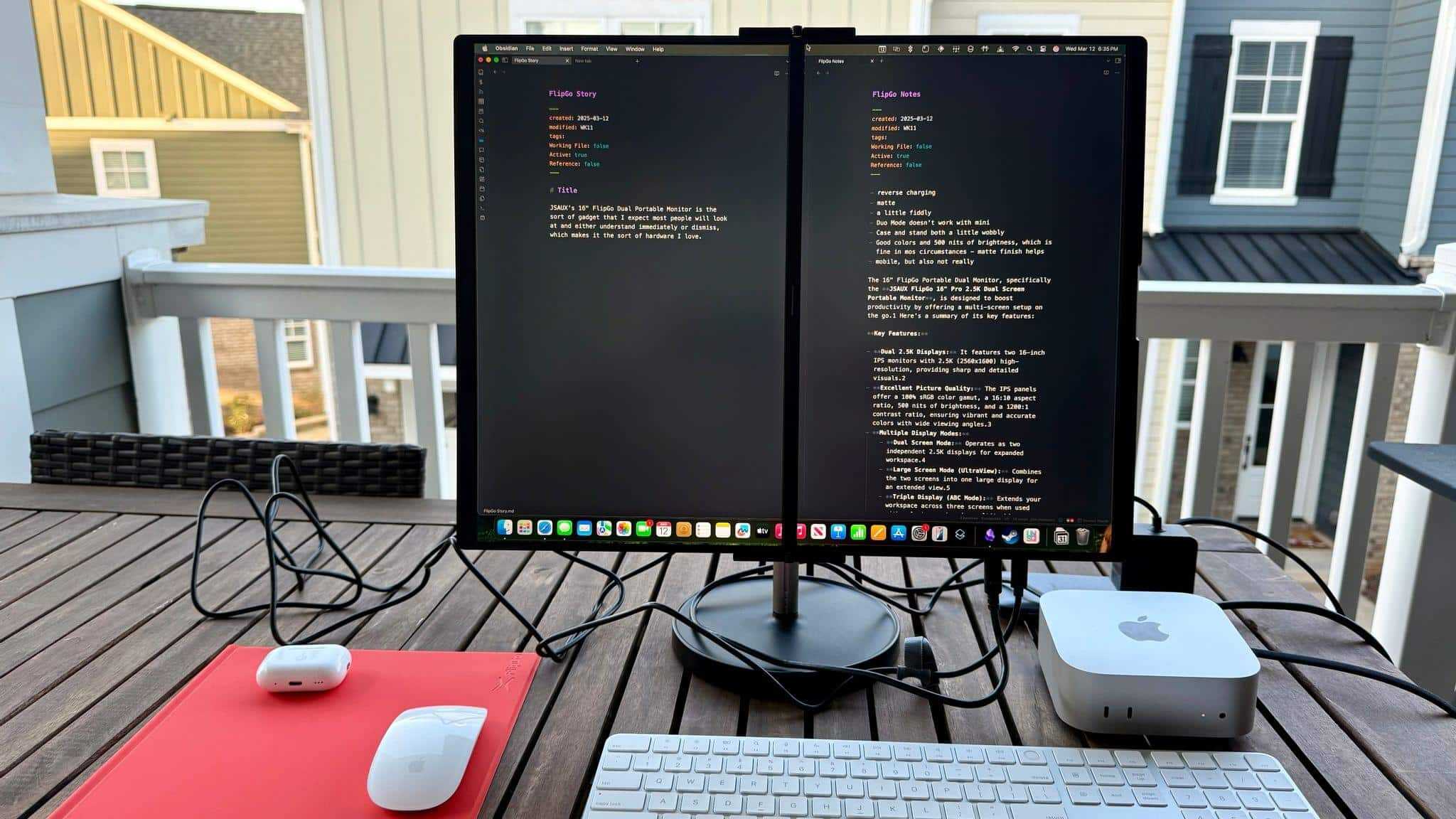 The seam between the FlipGo's dual displays blends in well when viewing two documents in Obsidian or dedicating windows of other apps to each screen.