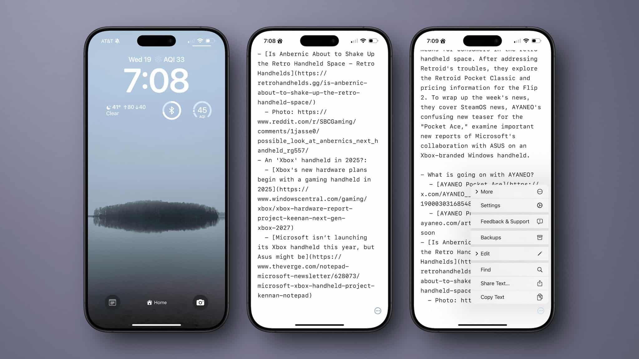 Scratchpad for iPhone includes Lock Screen widgets (left) and similar functionality to the Mac version (center and right).