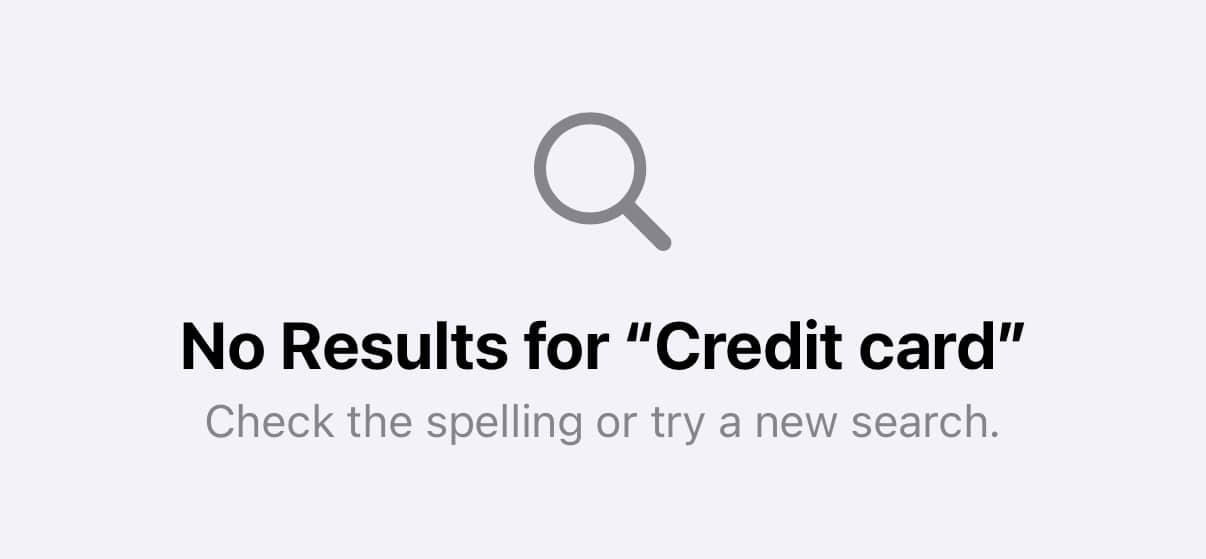 A screenshot of Settings search showing no results for 'credit card'