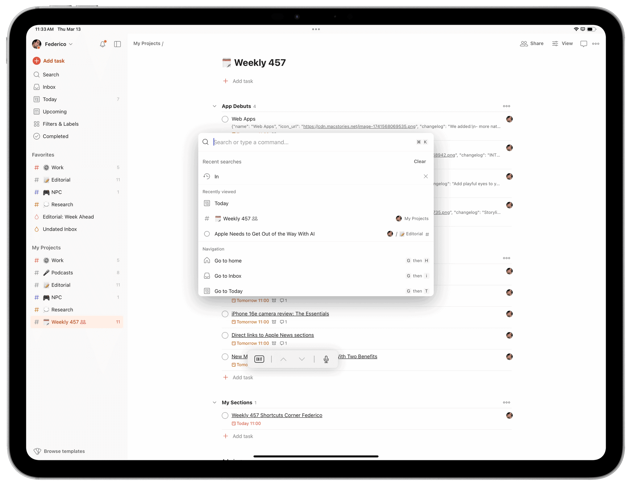 The command bar in Todoist's web app.