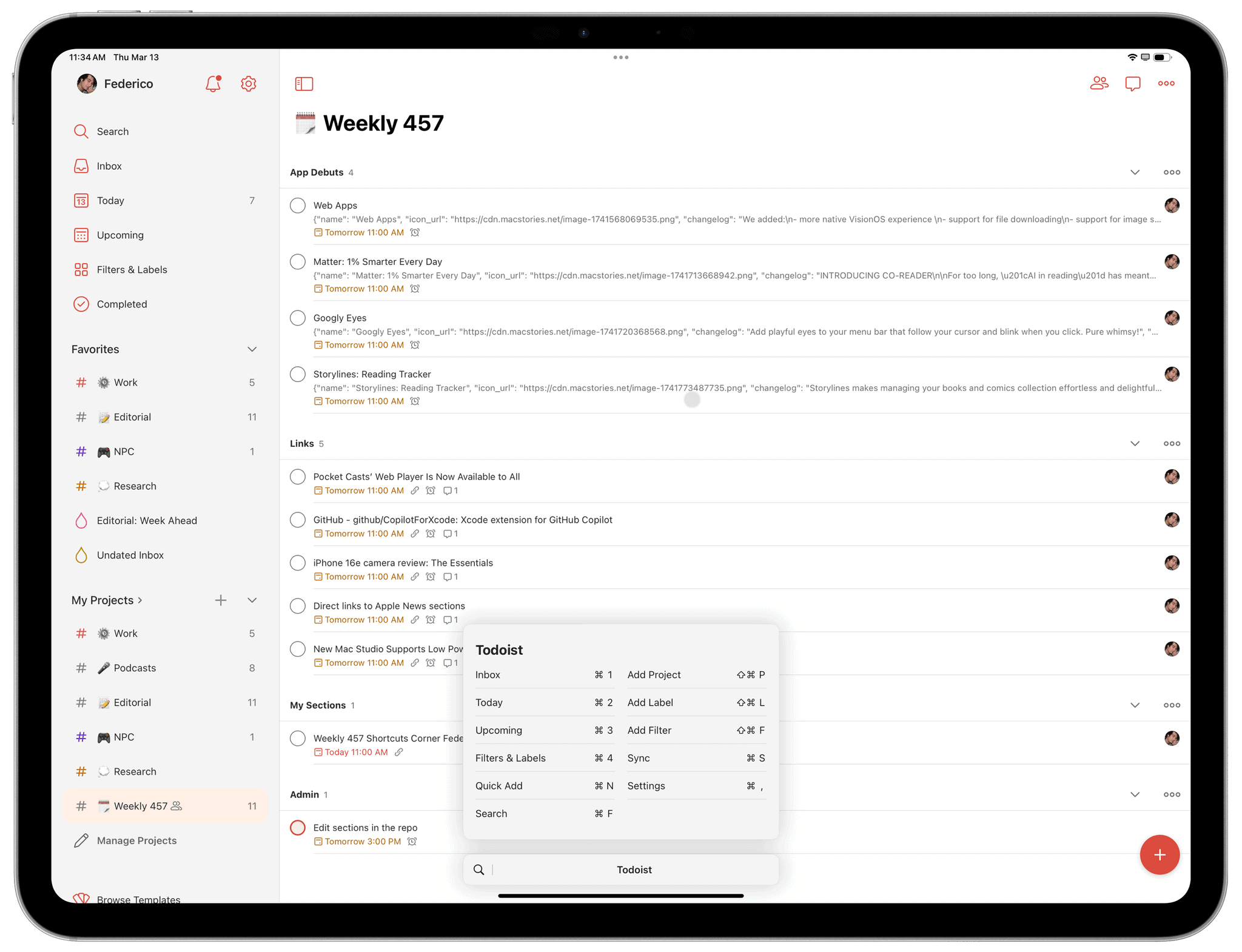 The keyboard shortcuts in Todoist for iPad.
