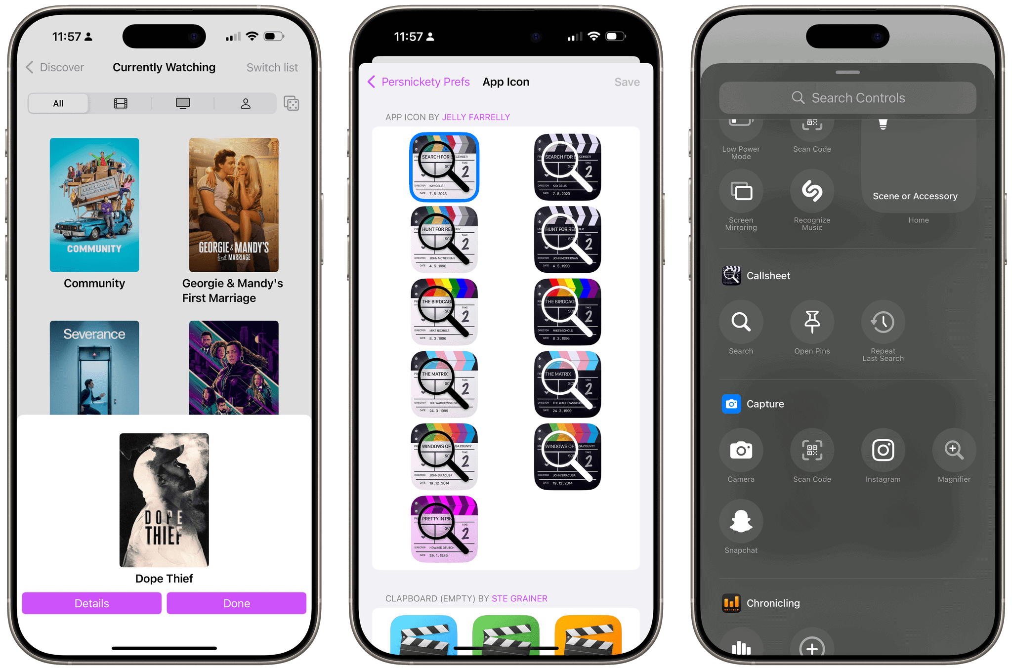 A random selection from a list (left), Callsheet’s icons with dark variants (middle), and the app’s three Control Center controls (right).