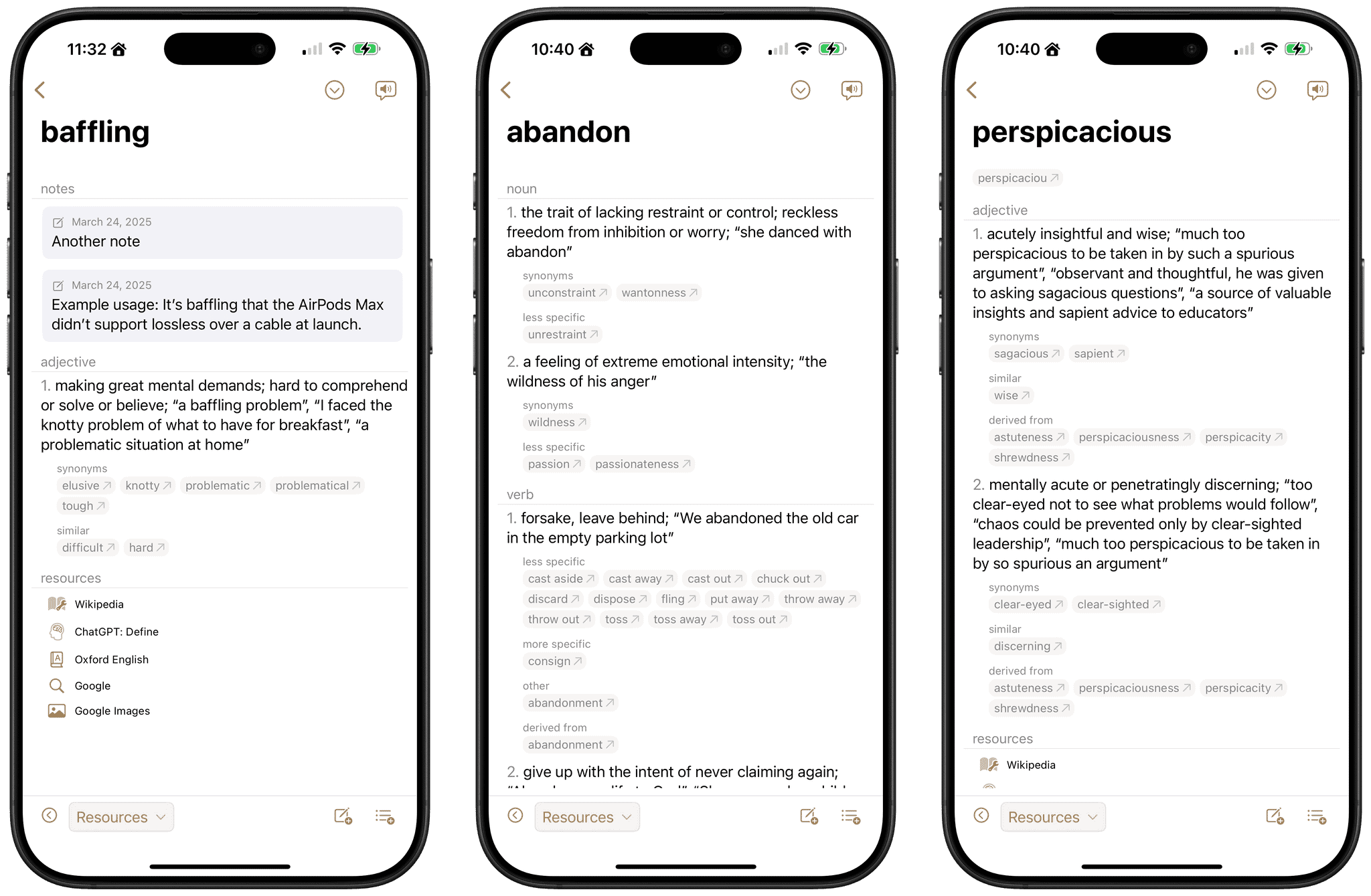 Three definitions, one with two notes attached (left).
