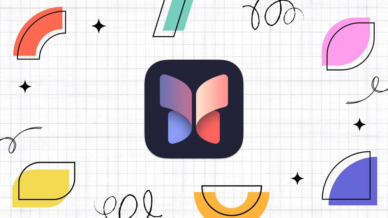 Grid background with abstract shapes surrounding a central square icon featuring a stylized, colorful butterfly.