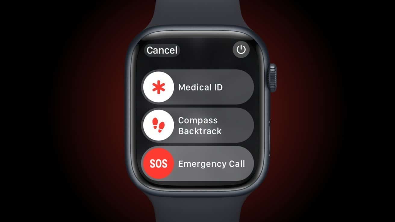 Smartwatch screen displaying emergency options: Medical ID, Compass Backtrack, and Emergency Call. Dark interface with rounded shapes and a side button.