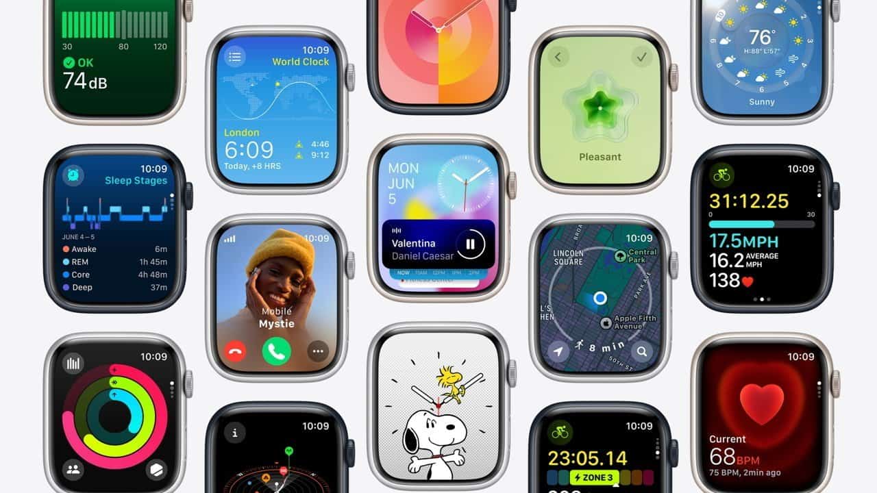 Grid of smartwatches showing various apps such as world clock, fitness tracking, weather, sleep stages, music, navigation, and heart rate monitor.