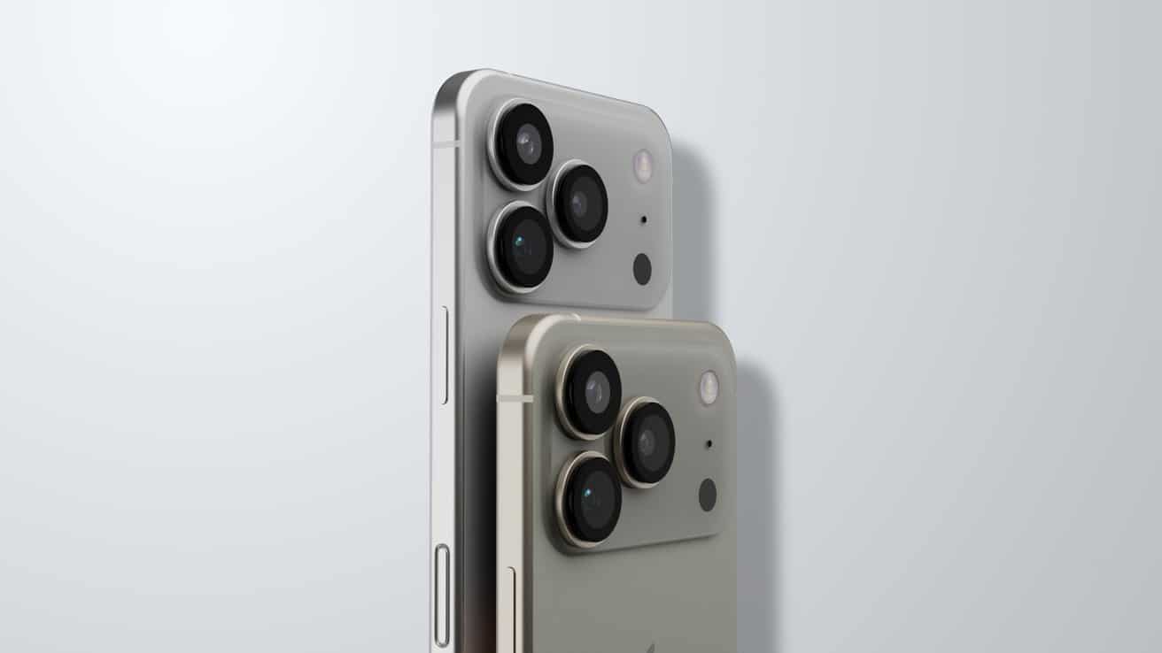 Two modern smartphones with three rear cameras each, in different metallic colors, standing upright against a light gray background.