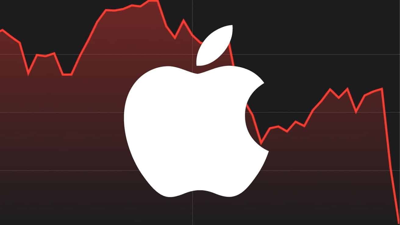 White apple logo on a black background with a red declining line graph.