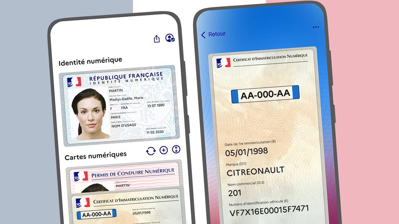 Two smartphones displaying digital versions of French identity and vehicle registration cards with personal details and a photo.