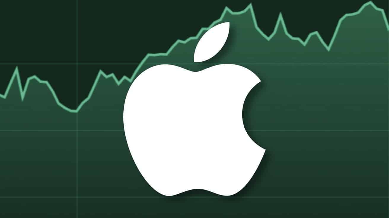 White apple logo on a dark green background featuring a fluctuating stock market graph.