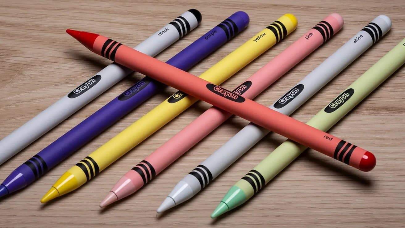 Eight colorful pens designed to resemble crayons are arranged on a wooden surface.