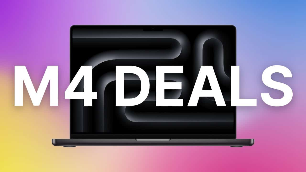 M4 MacBook Pro with a dark abstract screen and large white text M4 DEALS over a gradient background from purple to yellow.