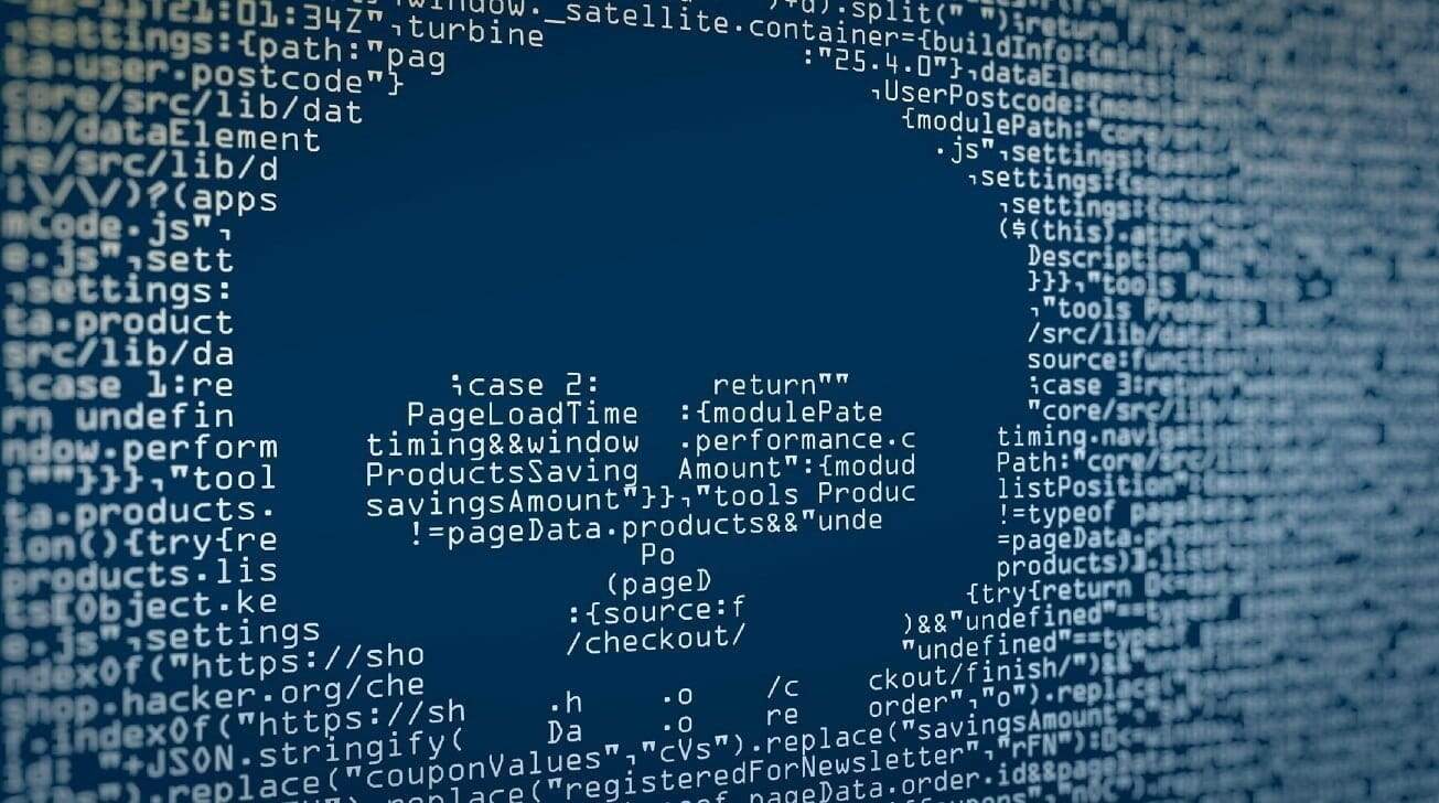 Blue background with a circular area surrounded by white computer code, creating a visual effect of an empty circle amidst the code text.
