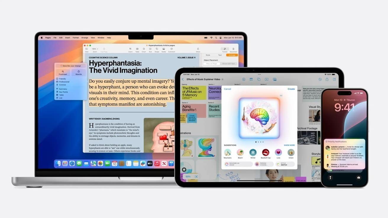 A Mac, iPad, and iPhone running macOS 15, iPadOS 18, and iOS 18