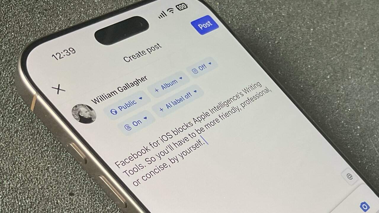 Smartphone screen showing a Facebook post draft, mentioning iOS blocking Apple Intelligence's writing tools, with sharing options and a blue 'Post' button.