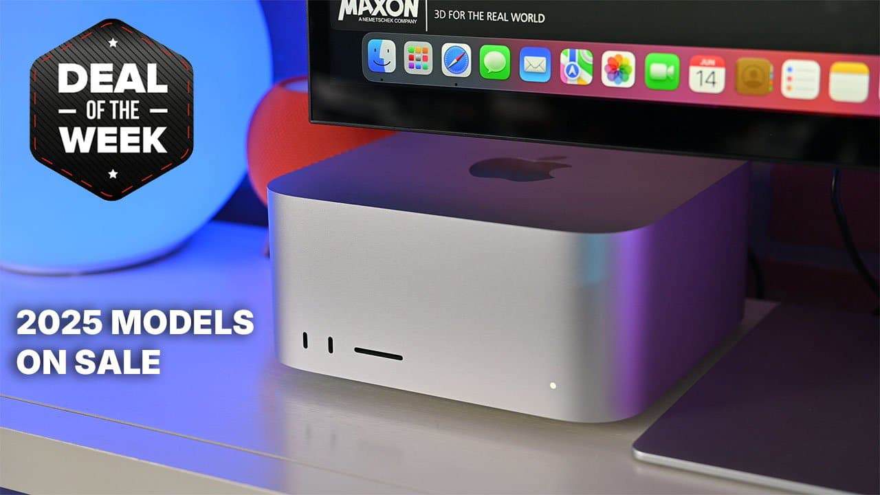Computer monitor, Apple Mac Studio, and text reading 'Deal of the Week 2025 Models on Sale' with colorful lighting in the background.