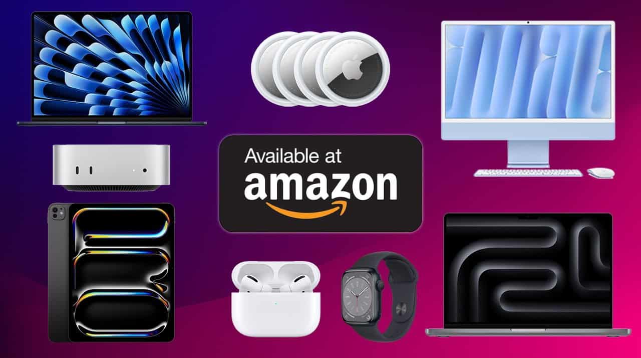 Various Apple products, including MacBooks, iMac, Apple Watch, AirPods, iPads on a background of gradient of purple and pink.