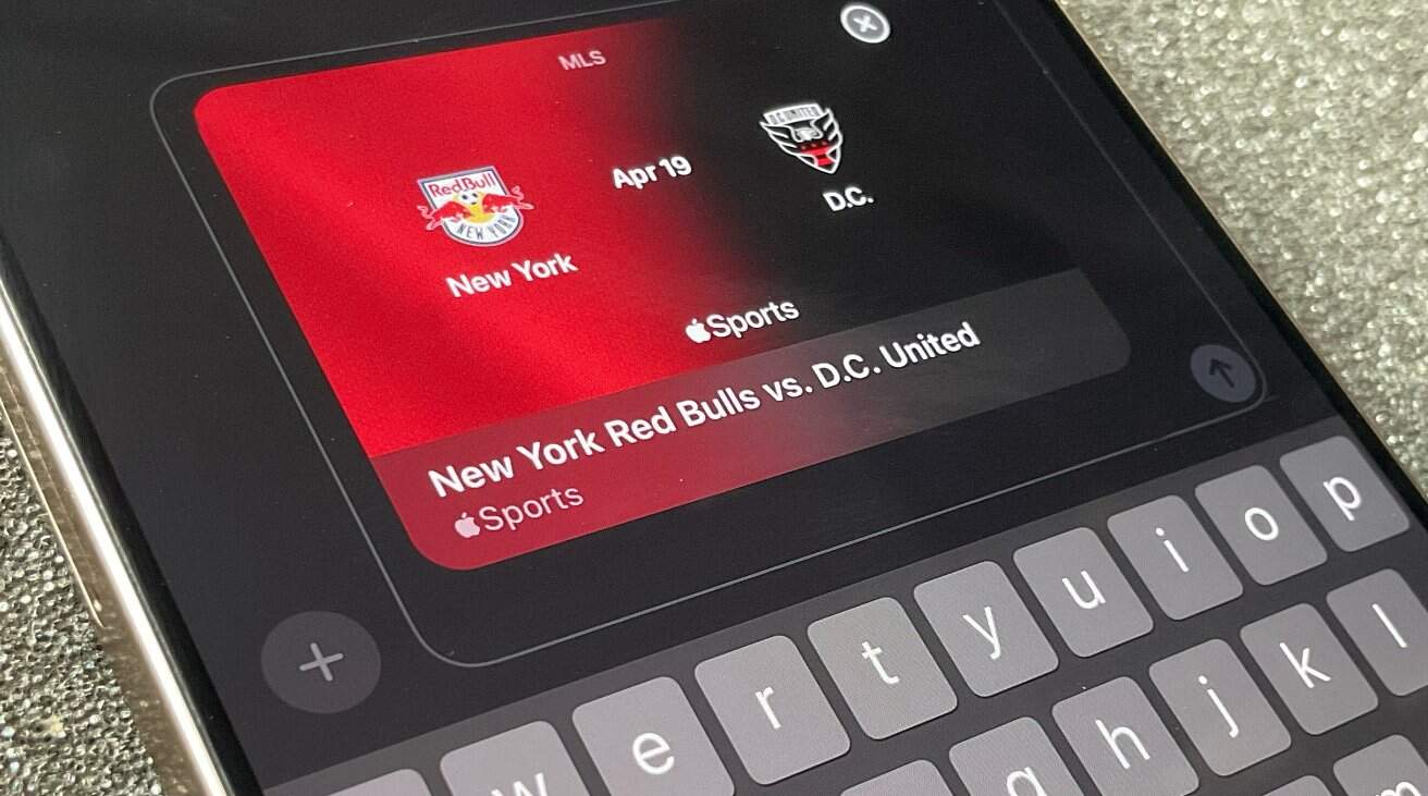Phone screen displaying sports match information: New York Red Bulls versus D.C. United, scheduled for April 19, with team logos.