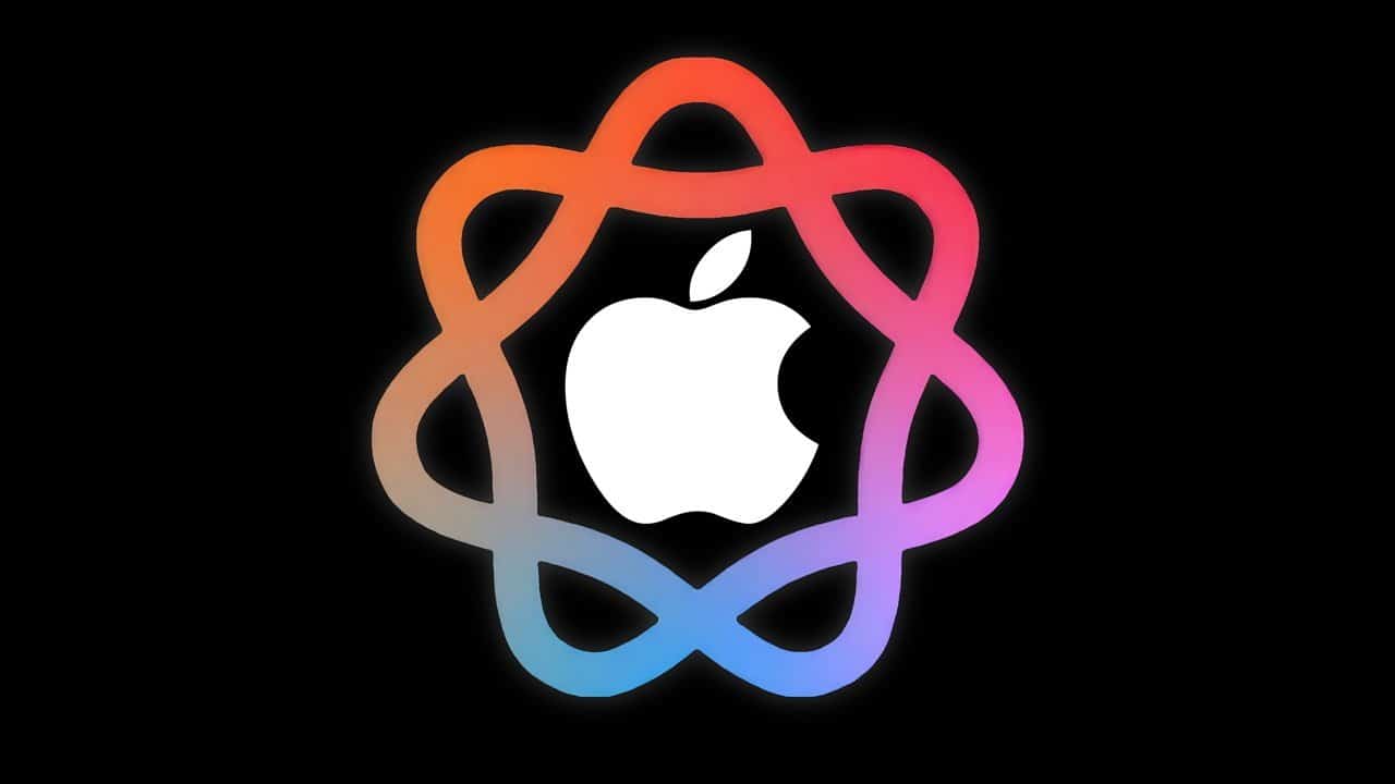 Apple logo in white surrounded by a colorful, intertwined, abstract ribbon design on a black background.
