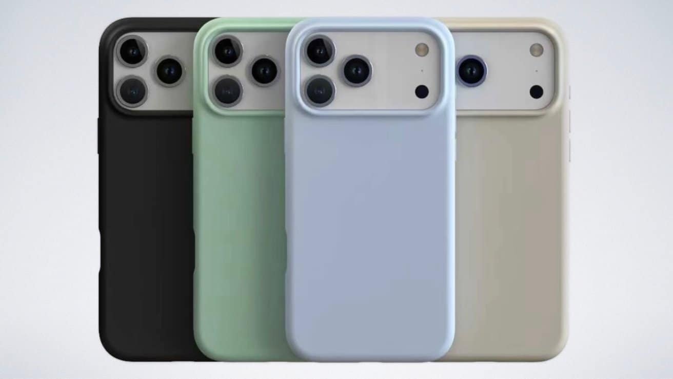 Four smartphones with camera lenses in black, green, blue, and beige cases are displayed side by side on a gradient background.