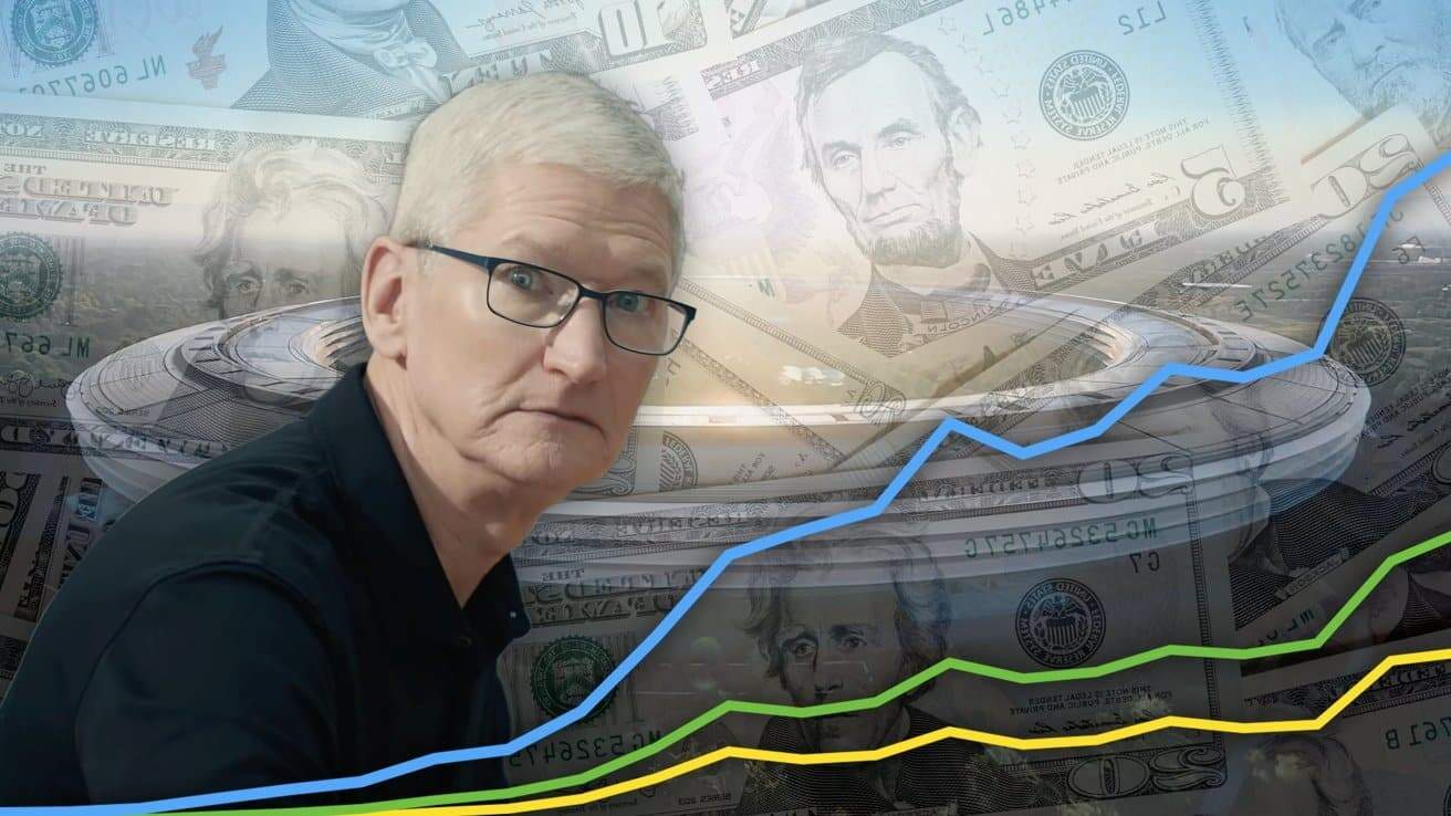 A person wearing glasses is in front of a circular building, layered with various U.S. currency notes and ascending line graphs.