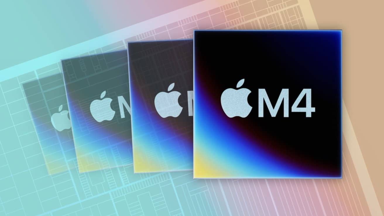 Apple M4 chip logo in white on a dark background with a colorful gradient overlay.