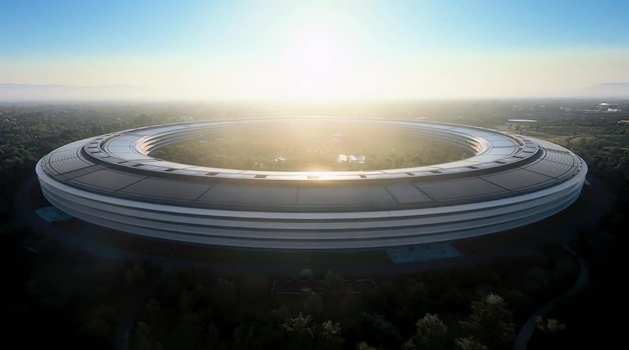 Circular space-age building with a park in the center, sunlight gleaming overhead, surrounded by greenery, creating a futuristic and serene landscape.