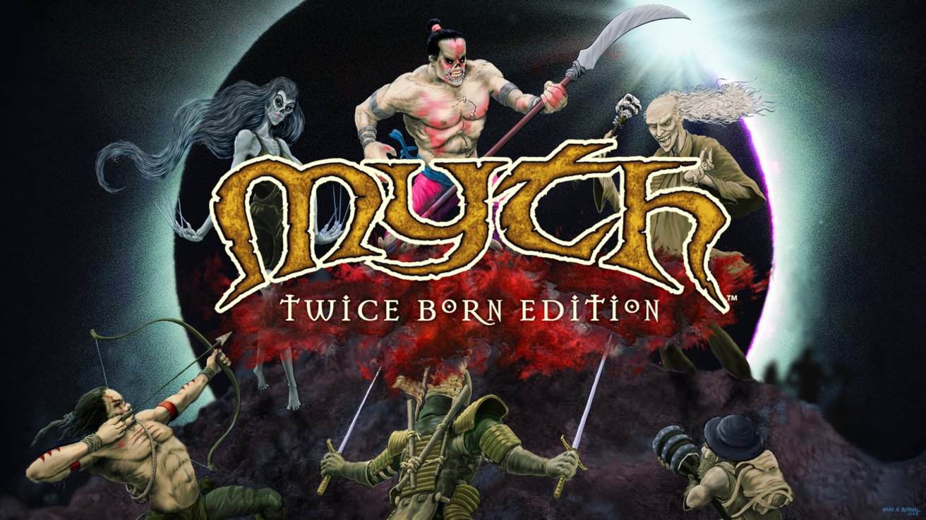 Fantasy scene with mythical warriors and monsters, featuring a large 'Myth: Twice Born Edition' title in the center, set against a dark, cosmic background.