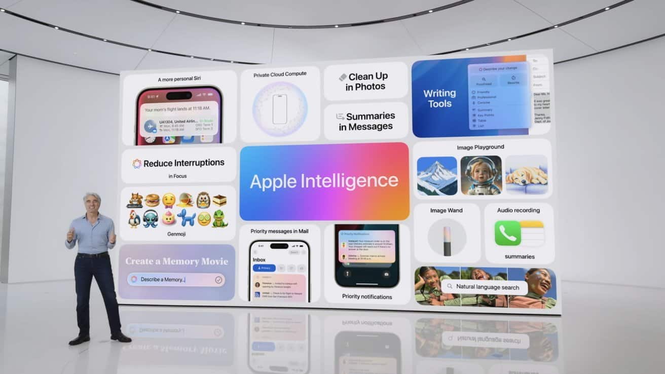 Person presenting various Apple software features on a large screen, including Siri updates, writing tools, image playground, and natural language search, in a futuristic room.