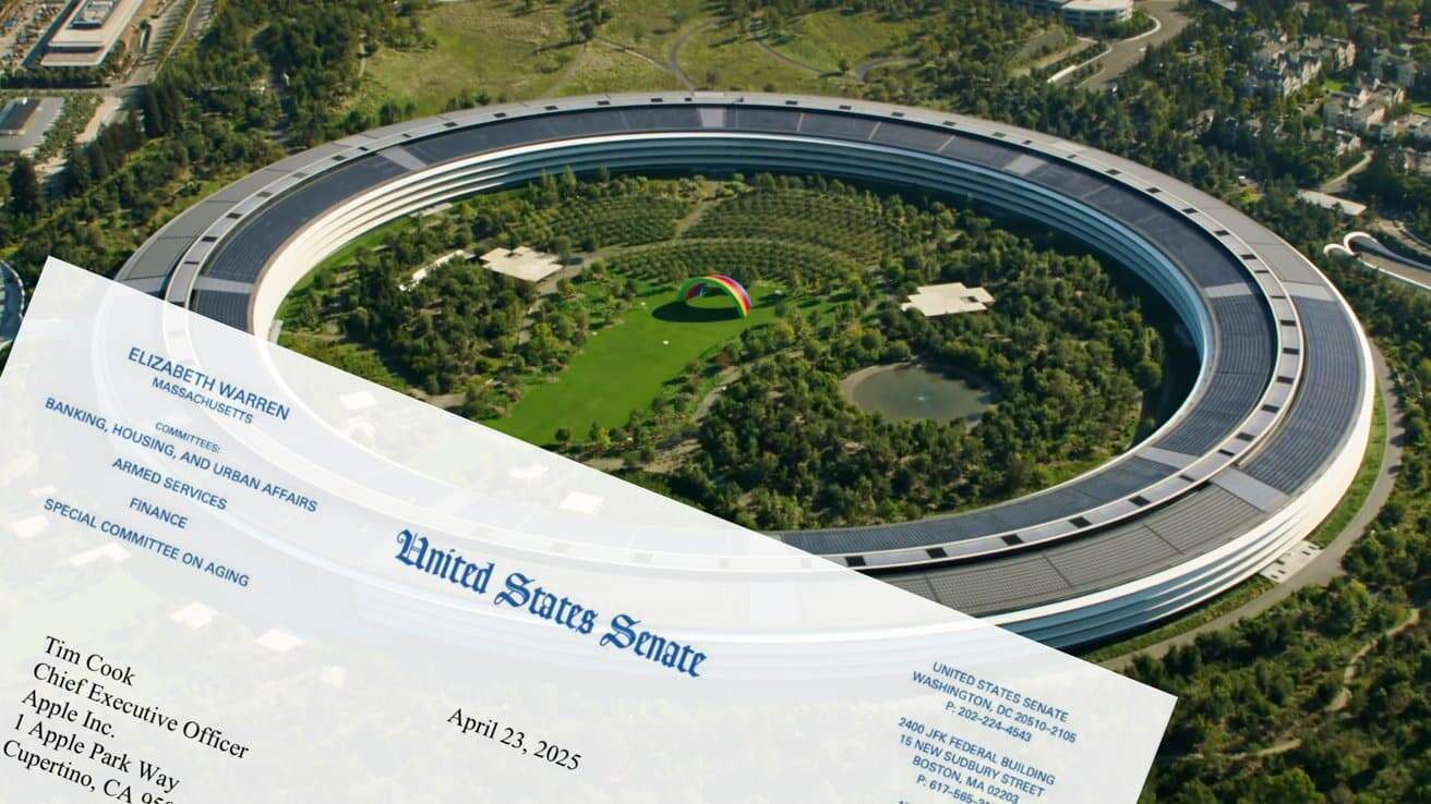 Aerial view of a circular building surrounded by trees, featuring a rainbow stage in the center. Foreground includes a letter addressed to Tim Cook from the U.S. Senate.