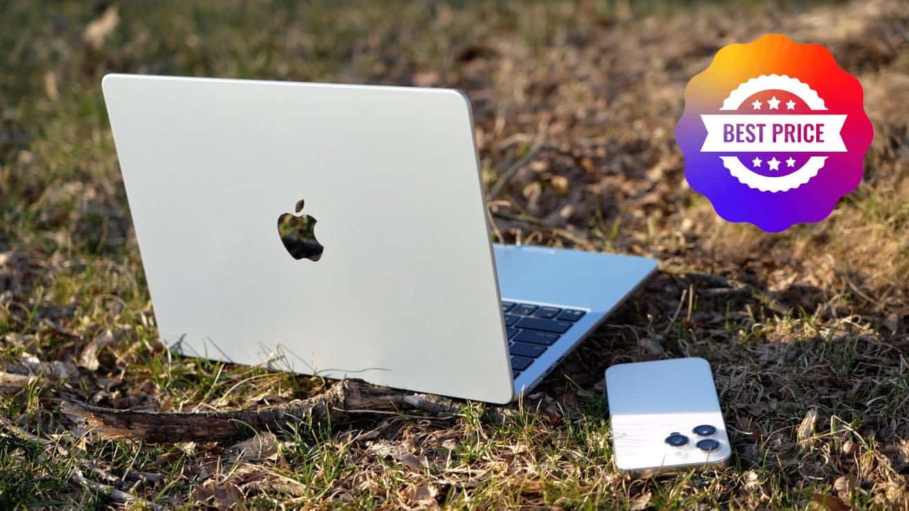 Open MacBook Air laptop and iPhone on grassy ground with a colorful 'Best Price' badge in the corner.