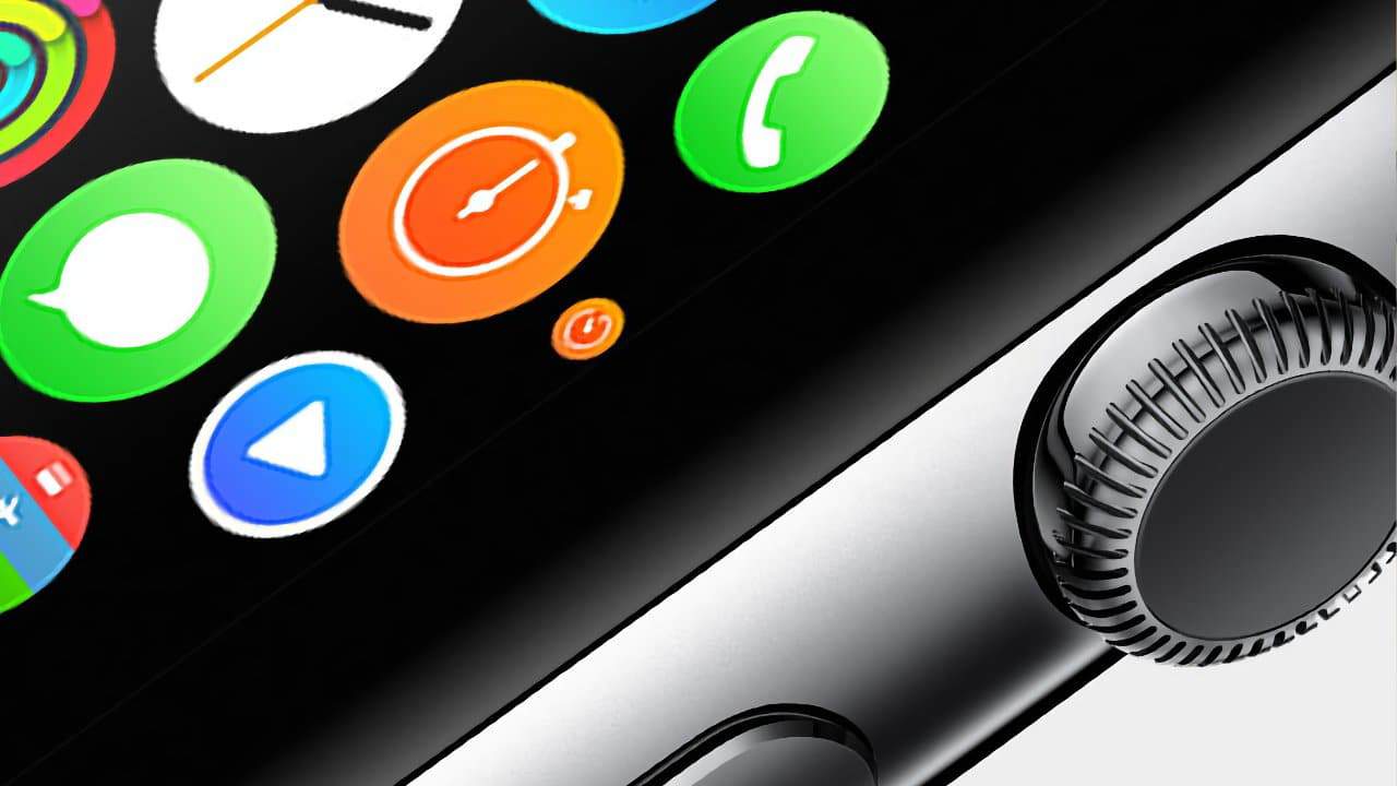 Close-up of a smartwatch showing colorful app icons, and a side view of the watch's crown and button.