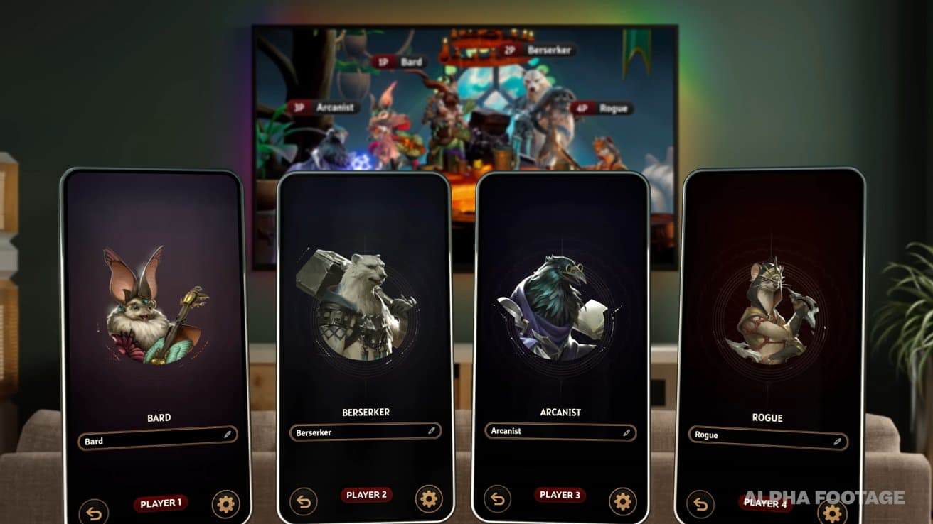 Four smartphone screens showing game character selections: bard, berserker, arcanist, rogue. Background features a fantasy scene.