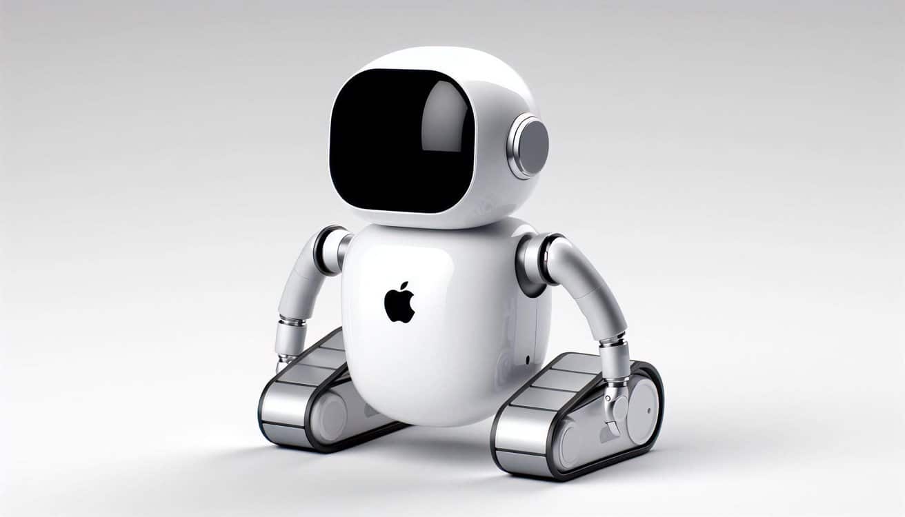 White robot with a glossy finish, a black screen face, cylindrical arms, and tank-like tracks as legs. An apple logo is displayed on its chest.