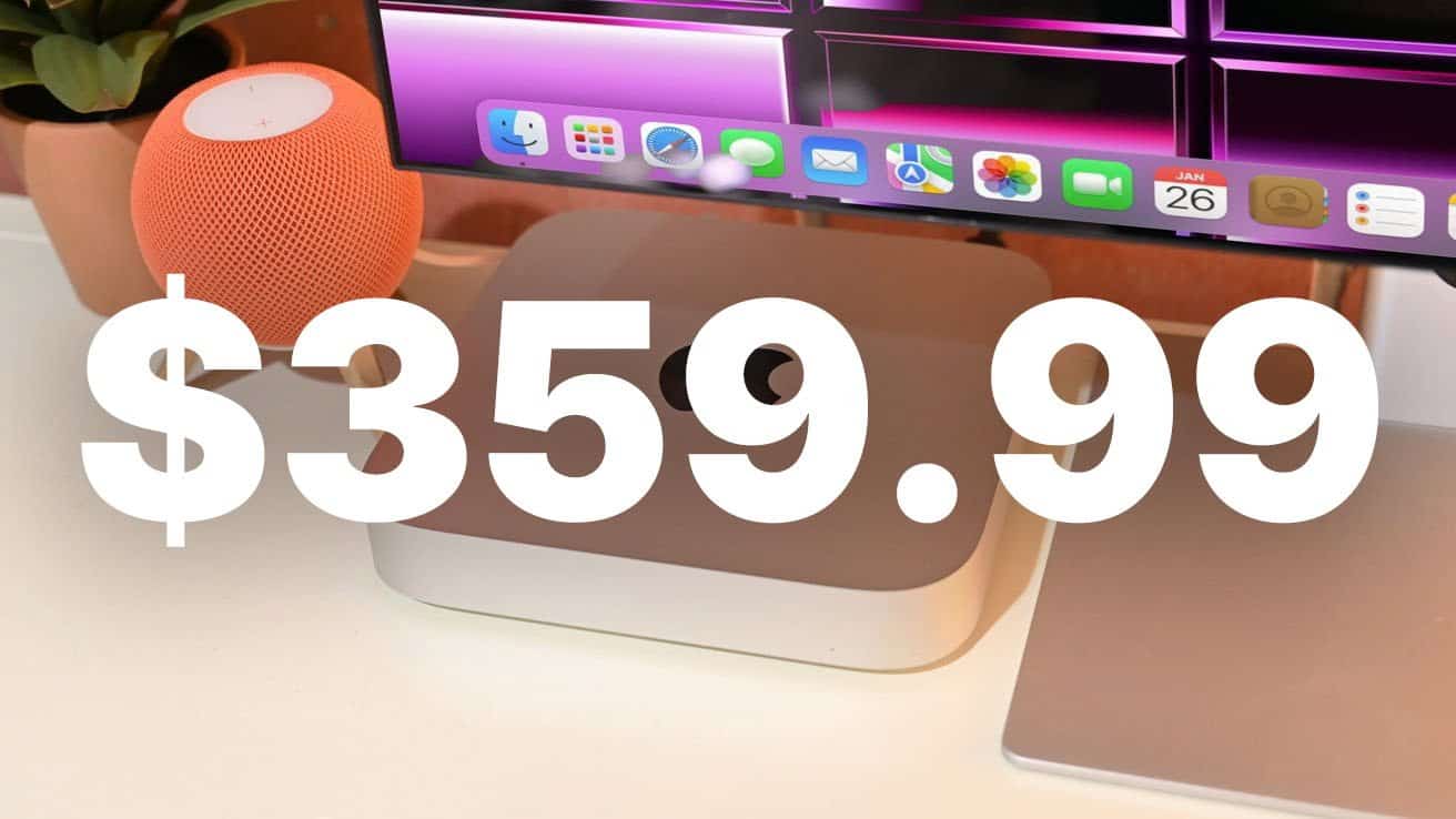 Mac mini desk setup featuring orange HomePod mini and monitor. Large $359.99 price overlays the items.