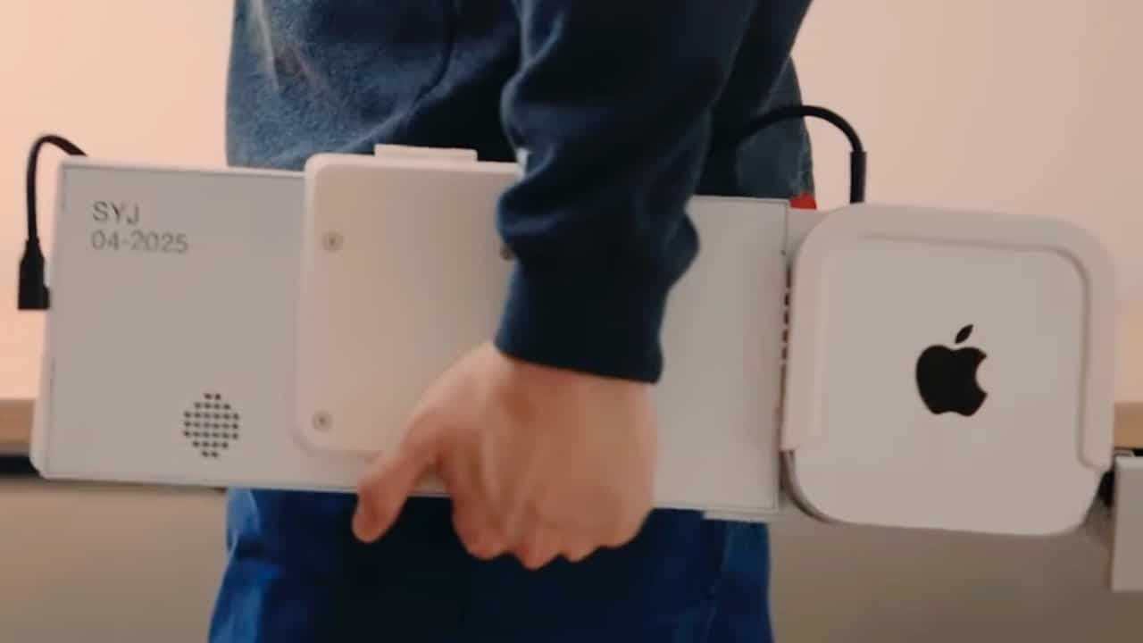 Person holding a large, white Apple device with a handle, featuring a visible Apple logo and the text SYJ 04-2025.