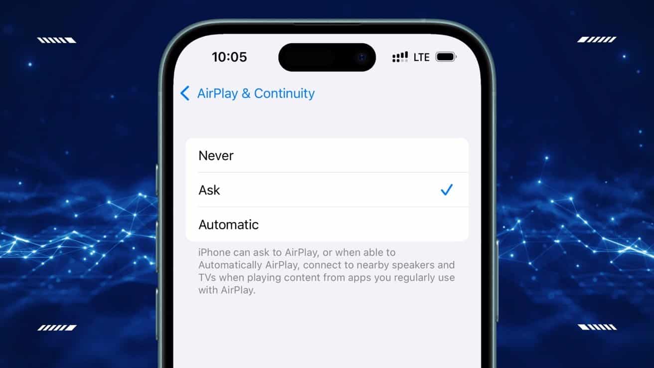 Close-up of an iPhone screen showing AirPlay & Continuity settings with an option selected, against a blue abstract network background.