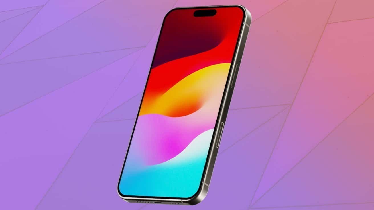 Smartphone with colorful abstract screen, angled on a purple geometric background.