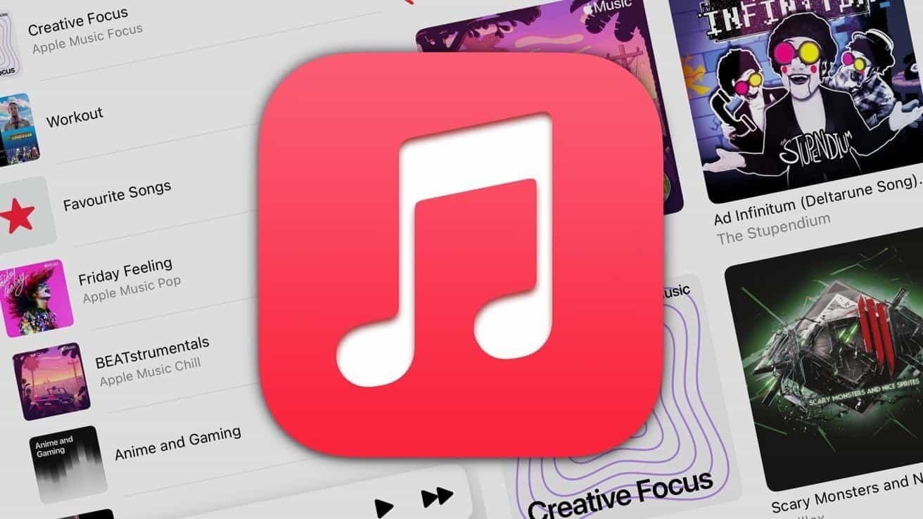 Red music note icon over a blurred background featuring various music playlists and cover art on a digital music streaming interface.