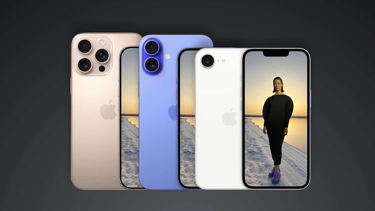 iPhone 16 lineup with different designs displayed against a gradient background, showing various camera arrangements. One phone shows a person standing on a snowy landscape at sunset.
