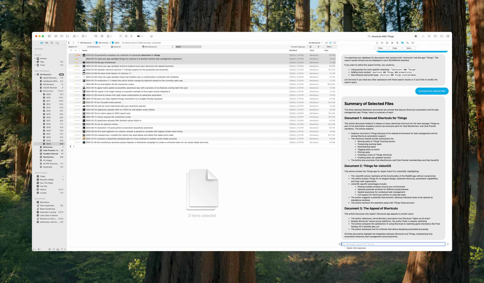 Summarizing three documents in my database.