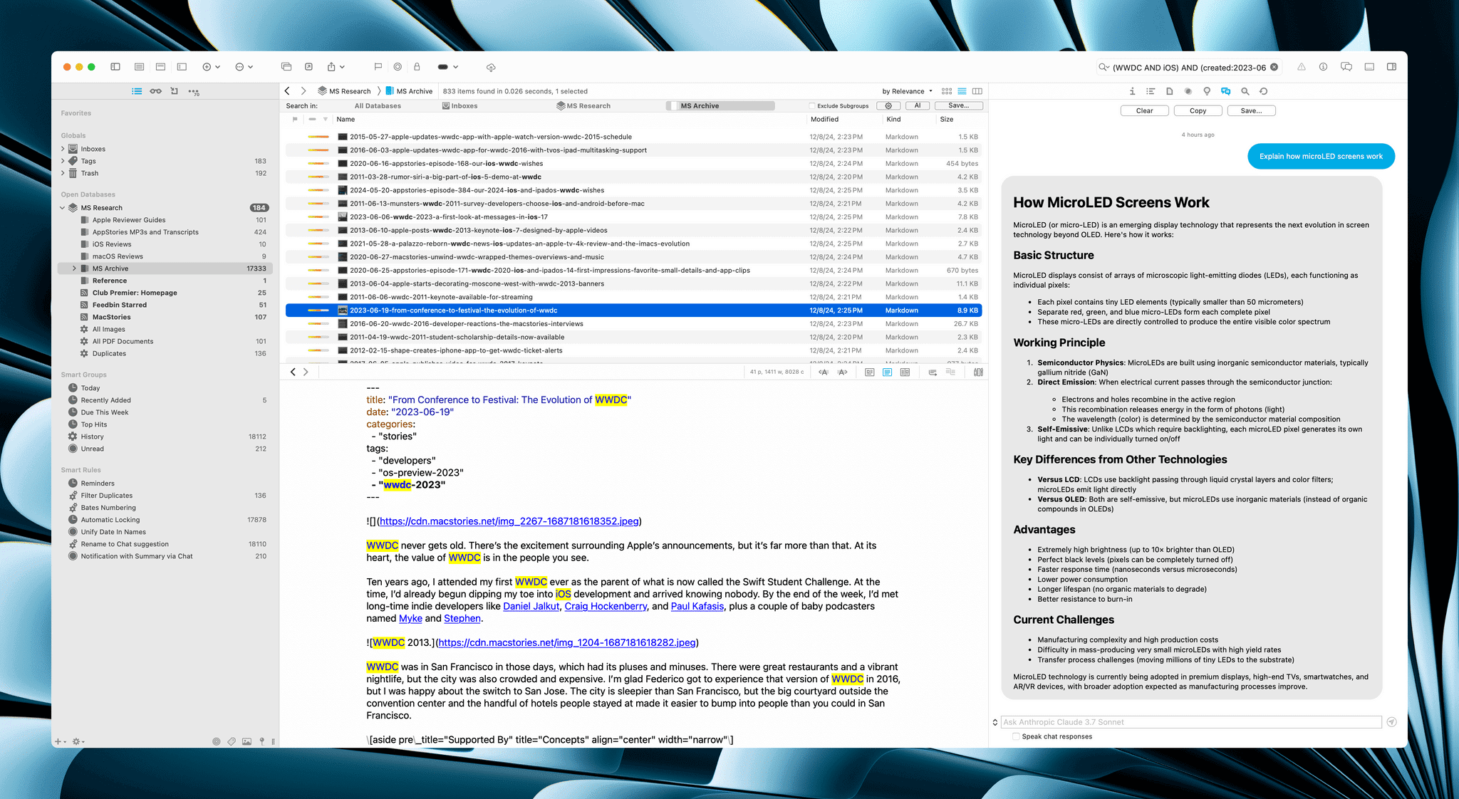 DEVONthink's AI chat window makes it simple to do in-context research.