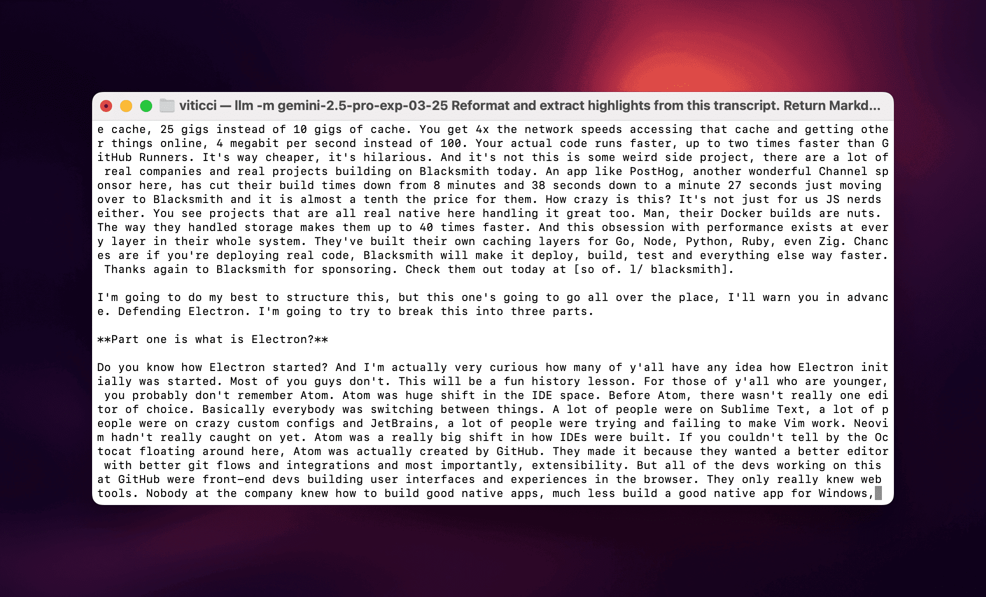 A response being "streamed" from the Gemini API.