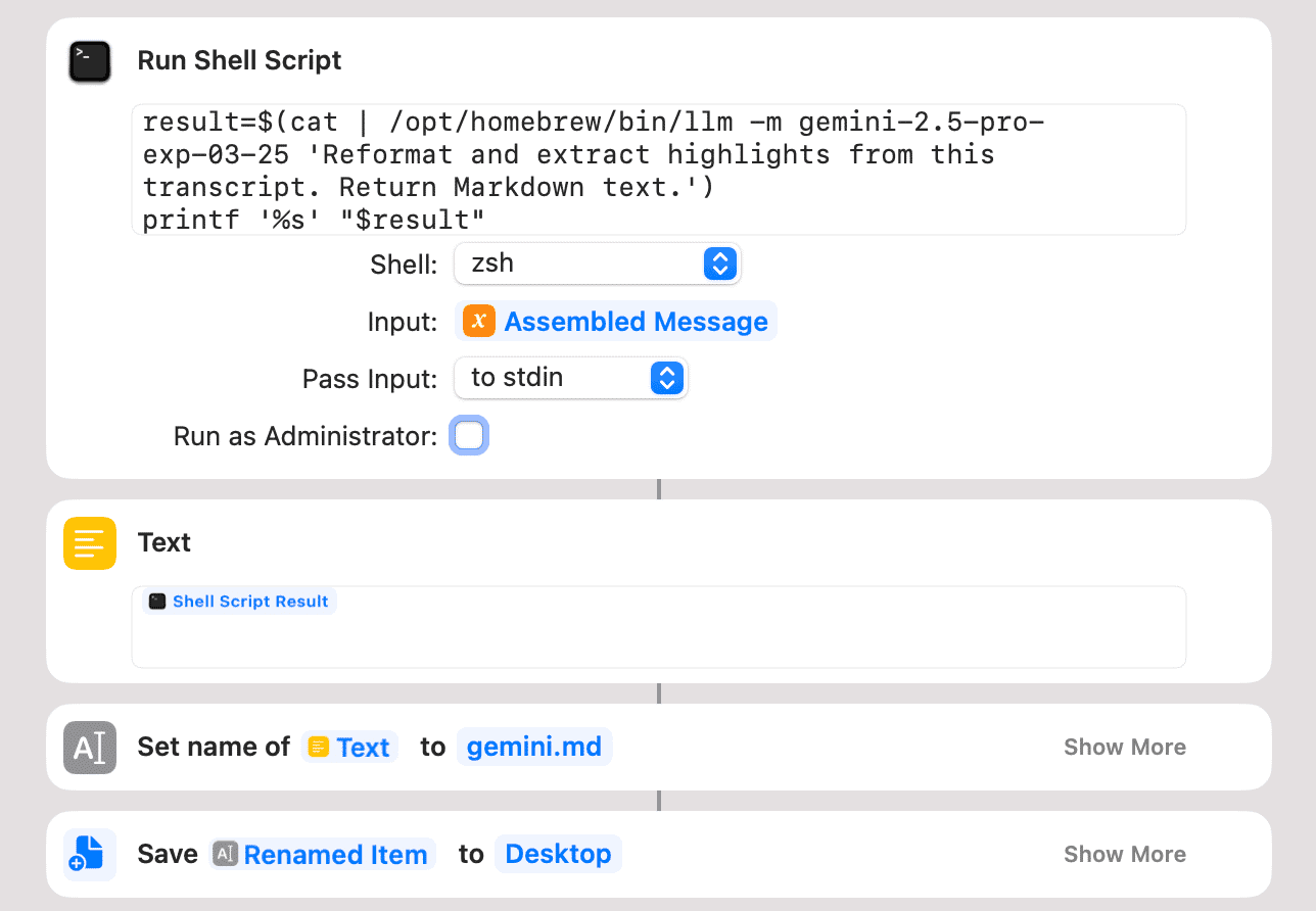 By default, the shortcut creates a Markdown file on your Mac desktop, but you can tweak this.