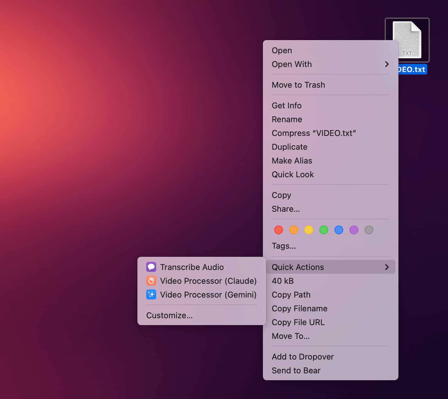 Passing a video transcript file to Video Processor with Quick Actions on macOS.