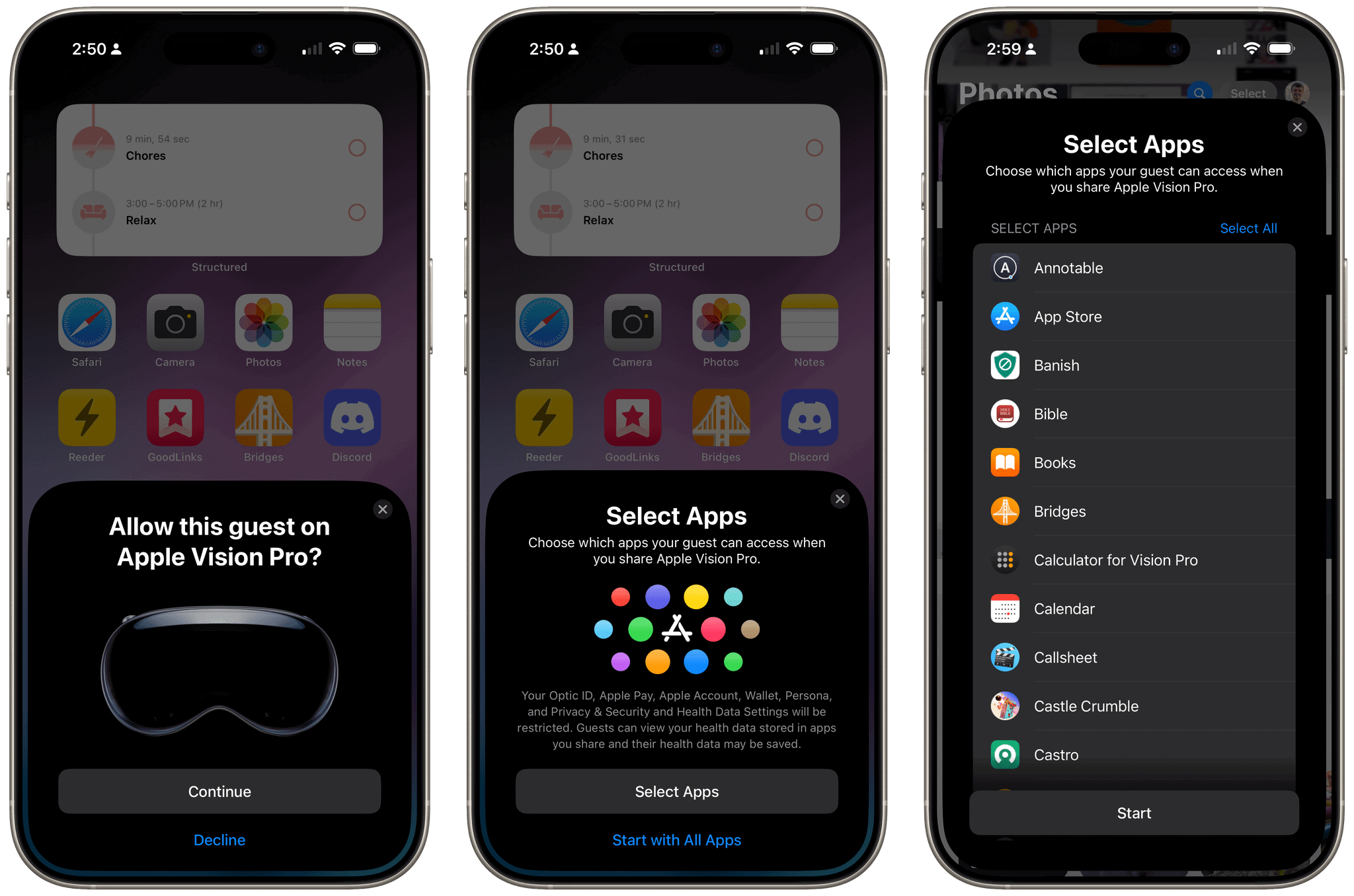 Approving Guest User mode (left) and selecting apps the guest can use (center and right).