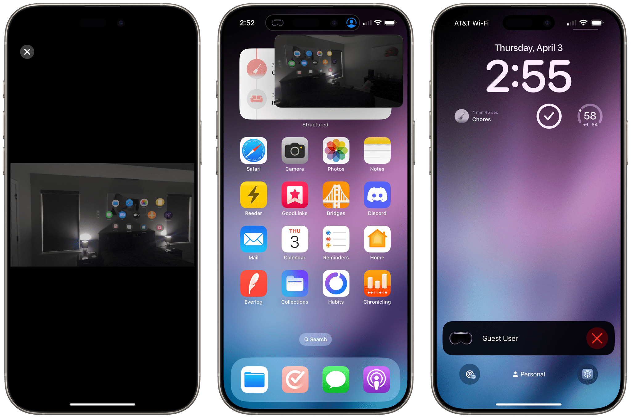 Apple Vision Pro screen mirroring viewed in full-screen (left), minimized into Picture in Picture (center), and closed into a Live Activity (right).